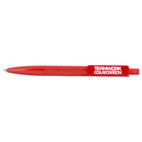 A red geometric ballpoint pen with a textured grip and a logo on the side.