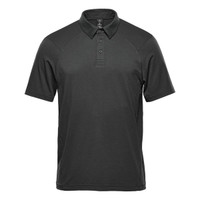 A black men's polo shirt with short sleeves and a collar, featuring a logo on the chest.