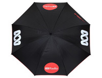 A black umbrella with a design featuring logos, shown from an overhead view.