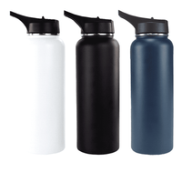 A drink bottle set featuring three colours: white, black, and navy blue, each with a flip-top lid and branded logo.
