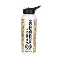 A drink bottle featuring a white body with patterned designs, a black cap, and a branding logo.