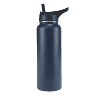 A drink bottle in navy blue with a black spout lid and a logo on the body.