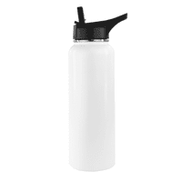 A drink bottle with a white body and black lid, featuring a straw and a logo. Ideal for hydration on the go.