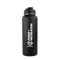 A drink bottle in matte black with a screw-top lid and a logo printed on the side.