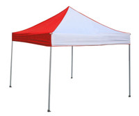 A red and white marquee tent with a 3m x 3m frame and four metallic legs, featuring a branding logo.