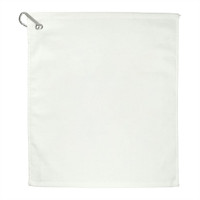 A 15" x 18" white terry golf towel featuring a metal grommet for attachment, includes a logo.