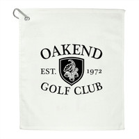 A white terry golf towel featuring a black logo with the text "Oakend Golf Club" and an established date of 1972.