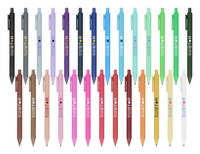 A collection of Virgo ball point pens in various colours including black, blue, green, and pink, arranged in rows.