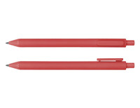 A red Virgo ballpoint pen is displayed, featuring a smooth design with a clip and a retractable tip.