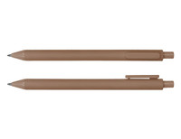 A brown ballpoint pen with a sleek design and a clip, featuring a brand logo.