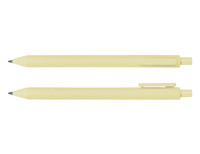 A yellow ballpoint pen displayed from two angles, featuring a sleek design and a clip for attachment.