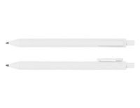 A white ballpoint pen displayed from two angles, featuring a clip and a smooth design. It has a logo.