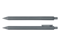 A grey ballpoint pen displayed from two angles, featuring a clip and smooth body design.