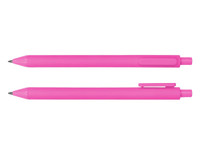 A pink ballpoint pen with a smooth finish, featuring a clip and a rounded tip. It has a simple logo.