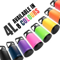 4-liter water bottles in 8 vibrant colors with easy-grip handles.
