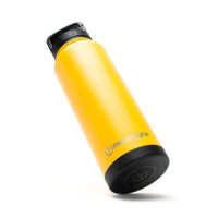 Yellow insulated bottle with black lid, durable and stylish design.