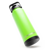 Green insulated water bottle with black lid, sleek design.
