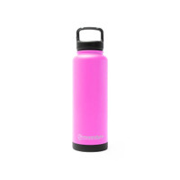 Pink insulated water bottle with black lid.