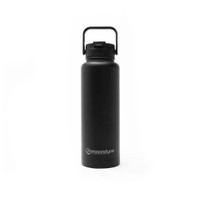 Black insulated water bottle with handle on white background.