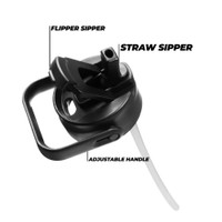 Black water bottle lid with flipper sipper, straw sipper, and adjustable handle.