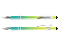 A stylus pen in vibrant green and turquoise hues with chrome accents and a logo.