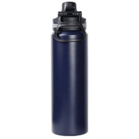 A drink bottle with a double wall design in navy blue, featuring a black screw top lid and a logo.