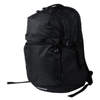 A black computer backpack with multiple compartments and adjustable straps, featuring a logo on the front.