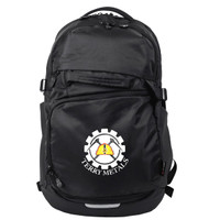 A black computer backpack with multiple compartments and a logo on the front, featuring a gear design.