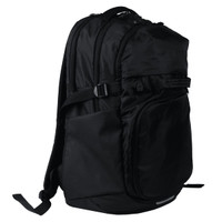 A black computer backpack with multiple compartments and adjustable straps, featuring a logo on the front.