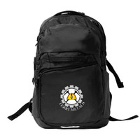 A black computer backpack with multiple compartments and features, including a logo on the front.