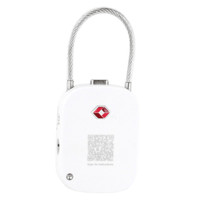 A white TSA lock with a silver cable and a small logo on the front, designed for secure travel.