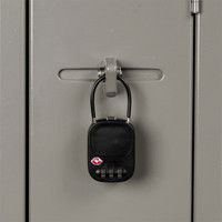 A black TSA lock secured to a grey locker, featuring a combination dial and a small logo.