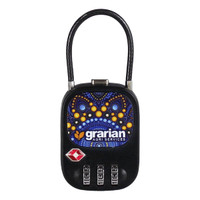 A TSA-approved lock featuring a colourful design and a branding logo, with a metal shackle and combination mechanism.