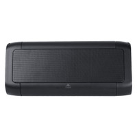 A black outdoor speaker and wireless power bank with a textured front surface and rounded edges. It features a logo.