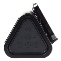 A triangular black outdoor speaker and wireless power bank featuring control buttons on the front and a logo.