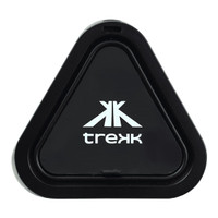 A triangular black speaker with a logo, featuring a sleek design suitable for outdoor use.