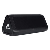 A black outdoor speaker with a triangular design and a logo on the side. It features a textured speaker grille.