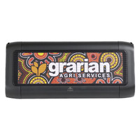 A black outdoor speaker featuring a vibrant Aboriginal art design and a logo. Suitable for outdoor use and charging devices.