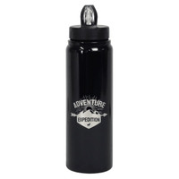 A drink bottle in matte black with a screw-top lid and a logo, featuring a design related to adventure and expeditions.