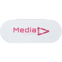 A white oval container with a logo in pink, featuring geometric shapes and the text "Media Agency".