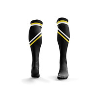 Black soccer socks featuring yellow and white stripes, complete with a logo. Designed for sports uniforms.