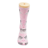 A pair of pink dress socks featuring a repeated pattern and a display stand with a logo.