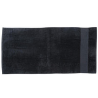 A dark black beach towel featuring a simple design, ideal for leisure and outdoor use. It has a logo on one side.