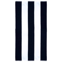 A striped cotton beach towel in black and white with a logo at one end.