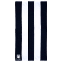A cotton beach towel featuring a striped pattern in black and white, with a logo in the corner.