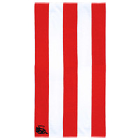 A cotton beach towel featuring red and white striped design with a logo in the corner.