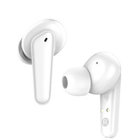 White wireless earbuds featuring a sleek design, with a small logo on one side.