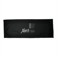 A black fitness towel with a logo and text. Its smooth texture is suitable for cooling activities.