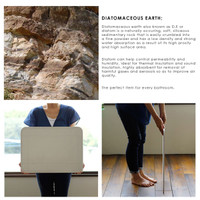 A light grey bath mat made from diatomaceous earth, with a sleek design and a subtle texture, featuring a logo.