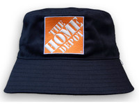 A navy blue bucket hat featuring a square logo on the front. The hat is made from breathable poly twill material.